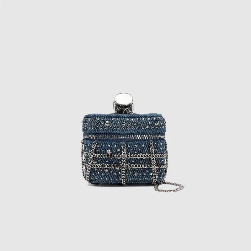 Vintage denim mini rúžové tašky pre ženy dámske večerné večierky Unikátne nity a kovové reťazové dekorácie dizajnérske vrecká