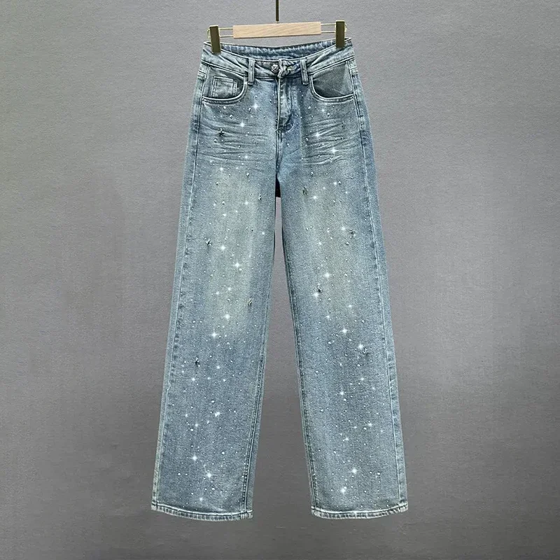 Vintage diamanty dizajn džínsy Ženy s vysokým pásom americký retro umytý príležitostný džínsový nohavice módne priame nohavice pantalony