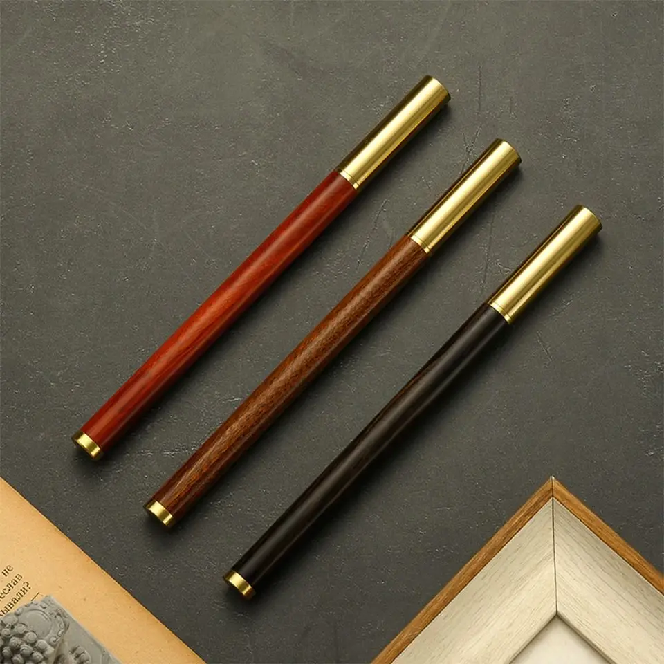 Vintage drevené telo Ballpoint Pen 0,5 mm čierny atrament retro kovové čiapky gélové pero Perocety na písanie náradia Školské kancelárske potreby Darčeky