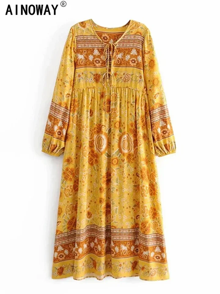 Vintage elegantná žltá kvetinová tlač Česká šaty pre ženy pre ženy s rukávom kravata ratvy z bavlny boho šaty Vestido