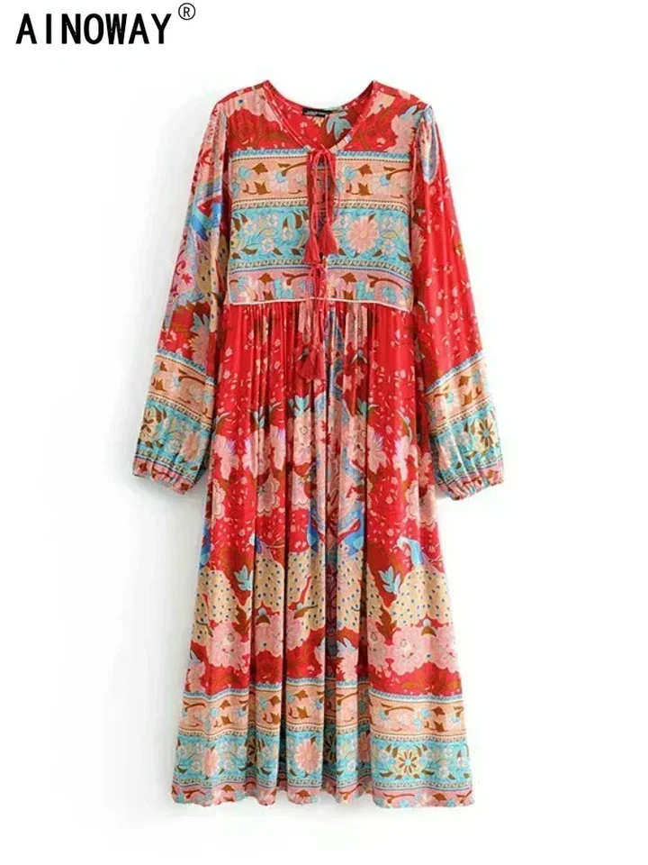 Vintage elegantné módy Ženy s dlhým rukávom Tassel červené kvetinové tlačové pláž České maxi šaty dám