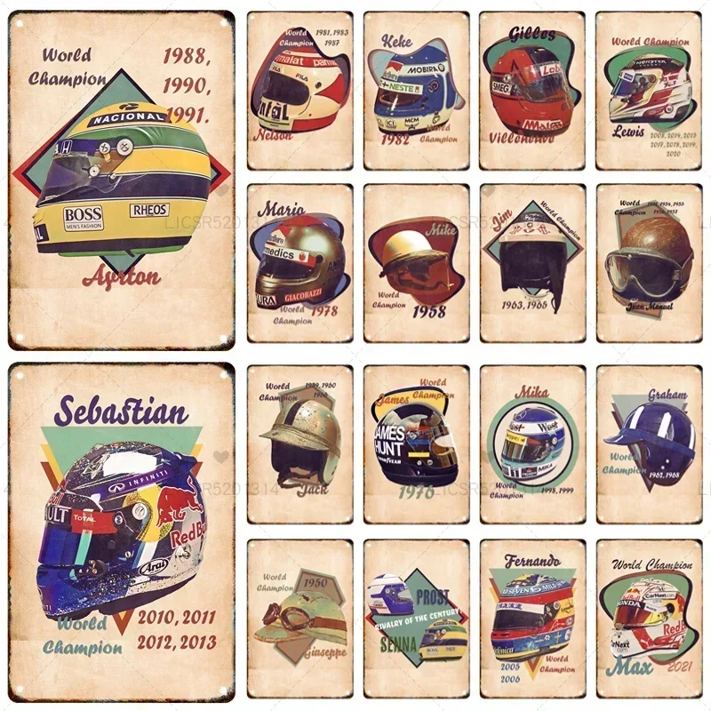 Vintage F1 závodná prilba kovová značka cín maľba vintage plagát bar garáž klub nástenné umenie dekoratívne nástenné maľby estetické hračky darček