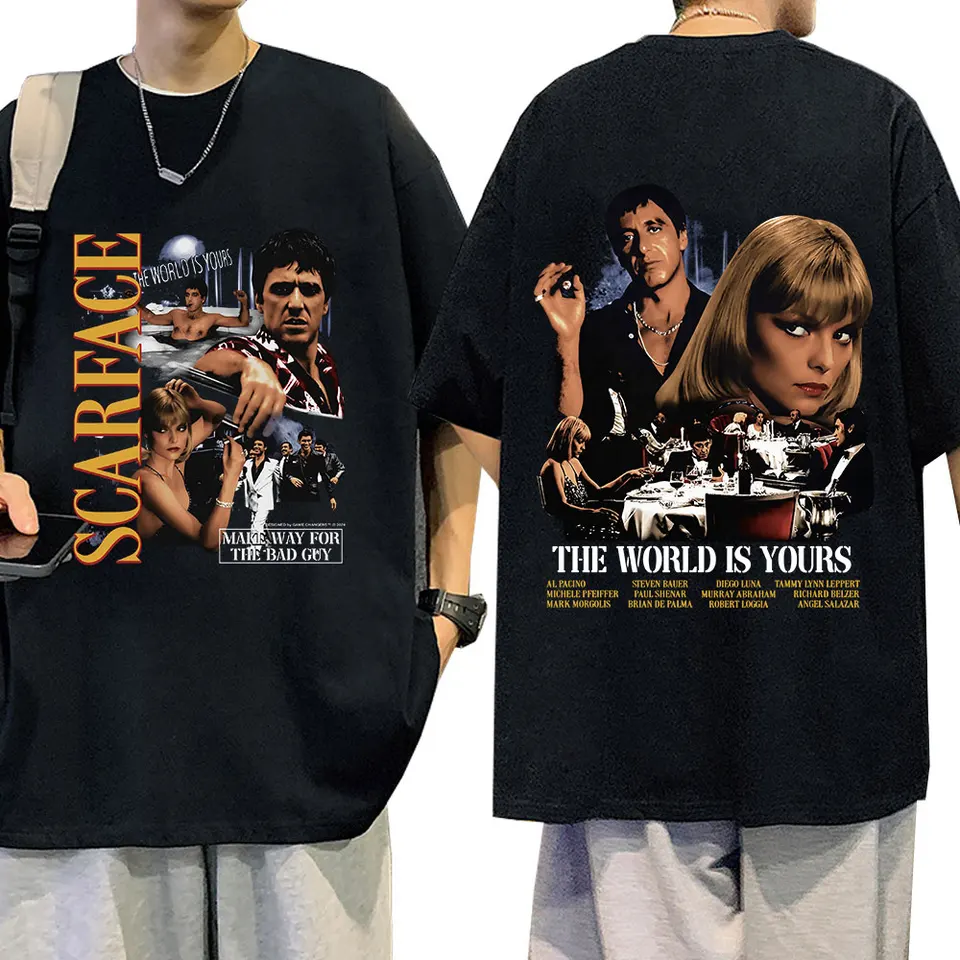Vintage film Scarface Al Pacino Tony Montana Tričko The World Is Yours Yours Your Grafic Print Nadmernised Tričko hip hop gotické tričko Tričko