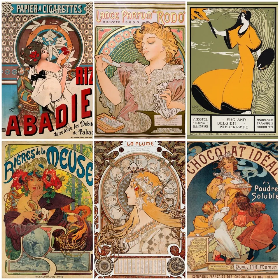 Vintage francúzske reklamy Žena umelecké plagáty portréty nouveau alphonse mucha maľba maľba nástenné výtlačky Obrázok