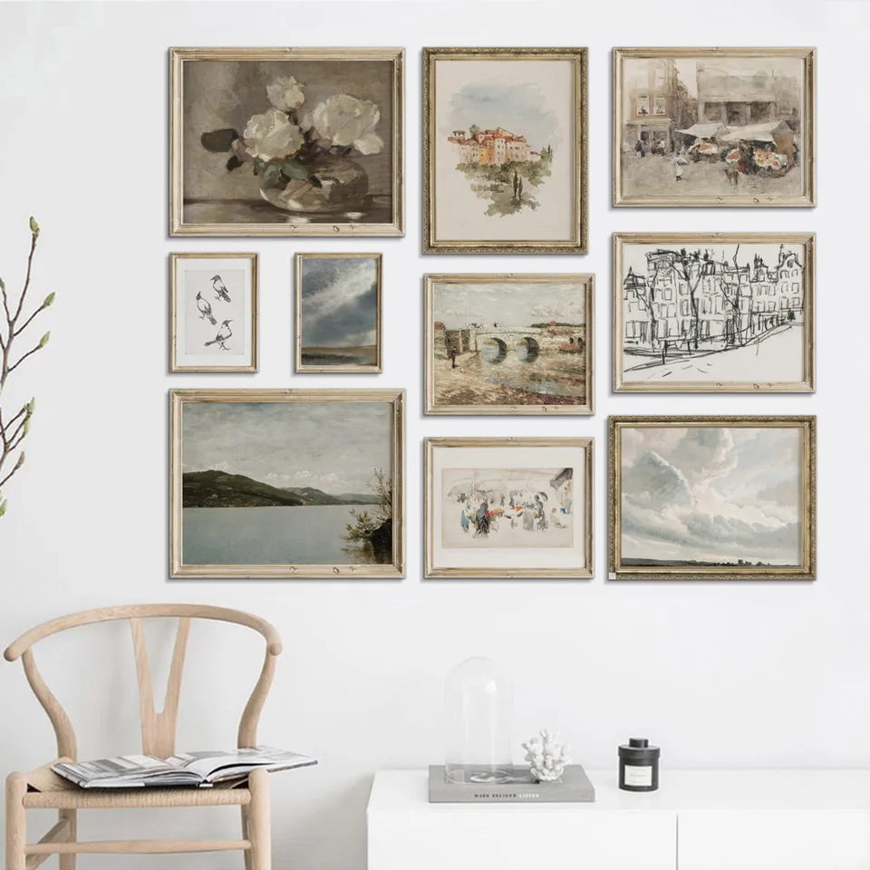 Vintage galéria nástenná tlačiareň Lake Cloud Landscape Flower Canvas Maľby Nordické plagáty a výtlačky obývacia izba Domovodá dekorácia