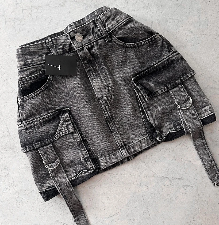 Vintage goth čierny y2k mini skir móda harajuku viacero vreciek džínsová sukňa dámska