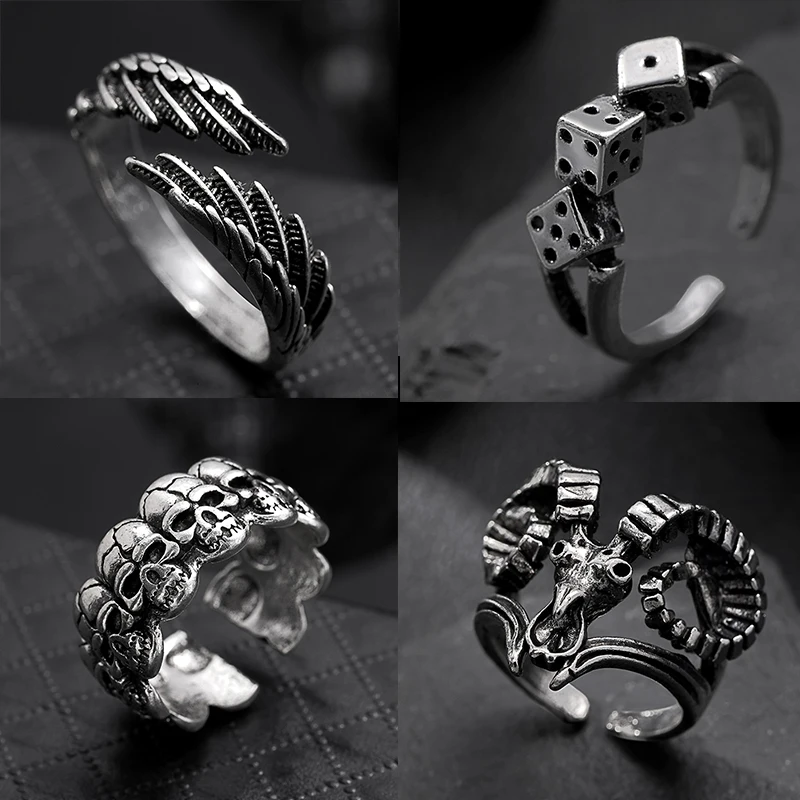 Vintage gotické kovové prstene pre ženy Men Geometrické retro krídla lebky kockované kocky démon Ovce hlava Osobnosť