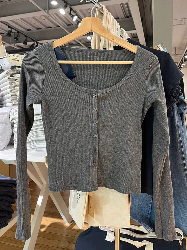 Vintage Grey Ribbed gombíky Tričká Dámania Jeseň Sladký roztomilý okrúhly krk Štíhly rukáv Dám