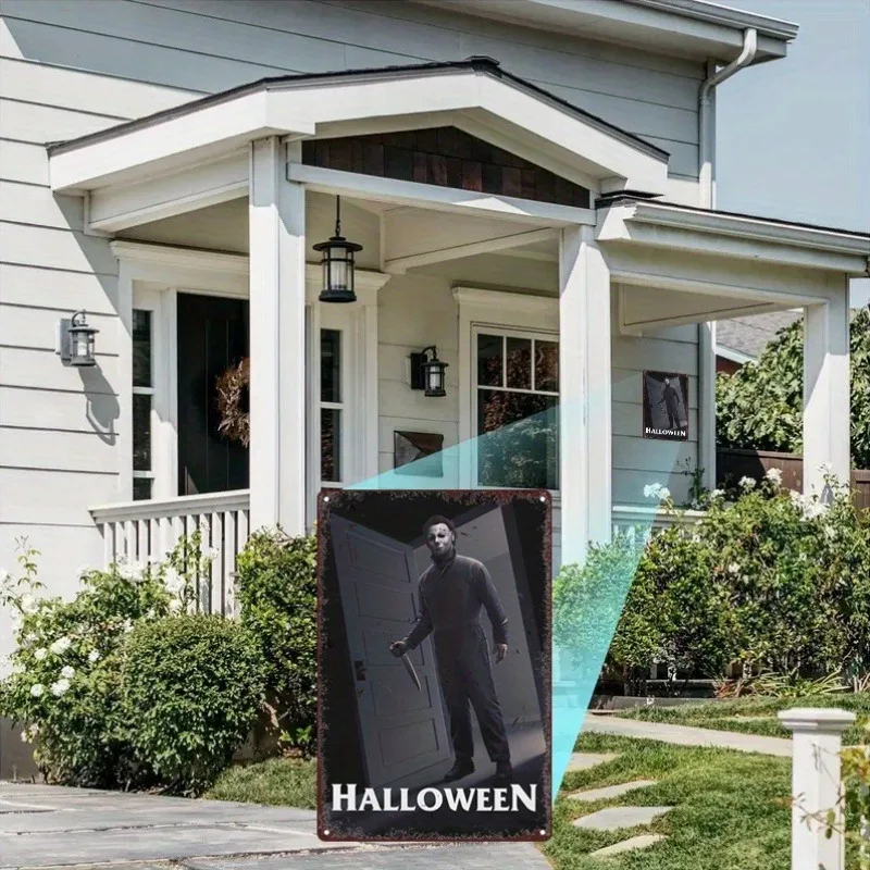 Vintage halloweenský plagát Michael Myers v obývacej izbe v dverách železná maľba Ide ideálne pre domáci bar alebo jaskyň