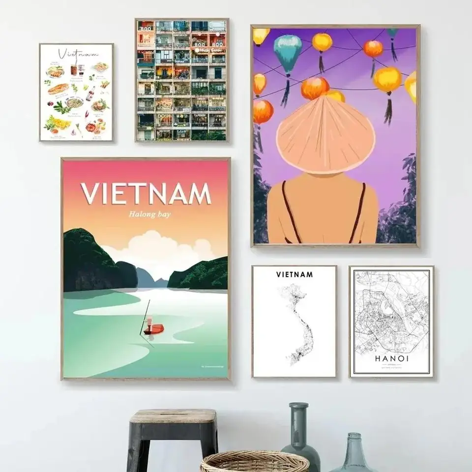 Vintage Halong Bay Vietnam Canvas maľba cestovná scenéria cestovný ruch umenia plagátu pre nástenné dekorácie Domáca dekorácia Traveller darček
