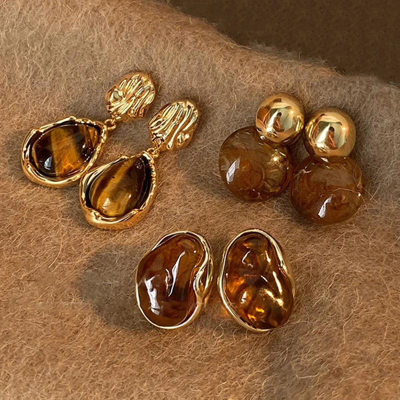Vintage hnedá živici tiger eye kameň visiaci nové náušnice pre ženy módne strieborné náušnice ihly osobnosť melard farebne šperky
