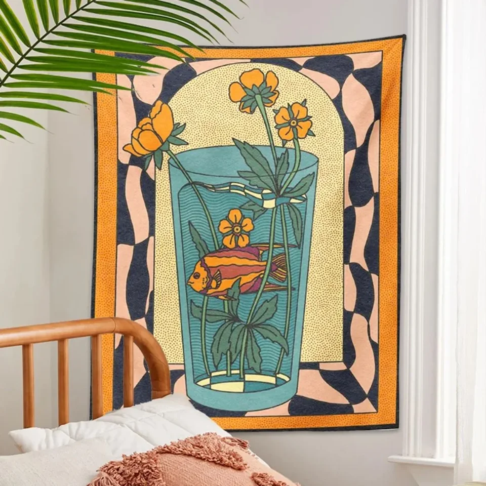 Vintage inšpirované tapisérie steny zavesenie psychedelická váza zlatá rybka kvetina dekor minimalistická tlač Bohemian umenia nástenná maľba nástenná maľba