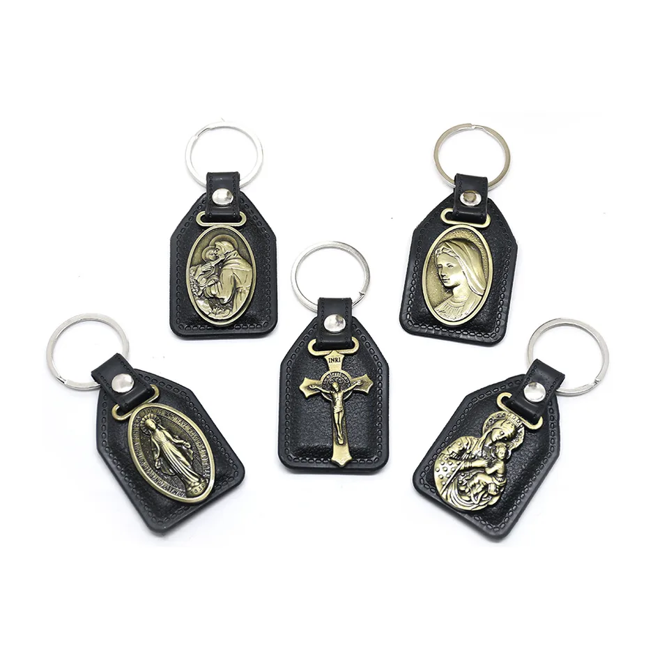 Vintage Jesus Panna Mária Ikona Keychain Bronz Cross Kožená koža Keychain Ring náboženské šperky auto kľúčové doplnky Men kľúče reťazce