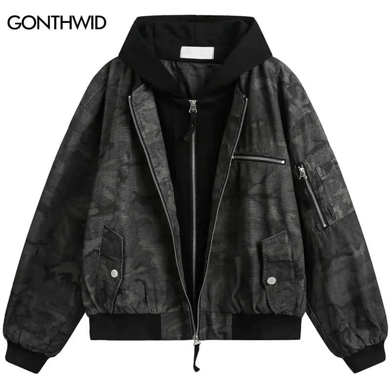 Vintage kapucňa bunda streetwear y2k camo castflage dvojitý vojenský taktický zips Up bombardovaný kabát hip hopové neformálne bagy bundy