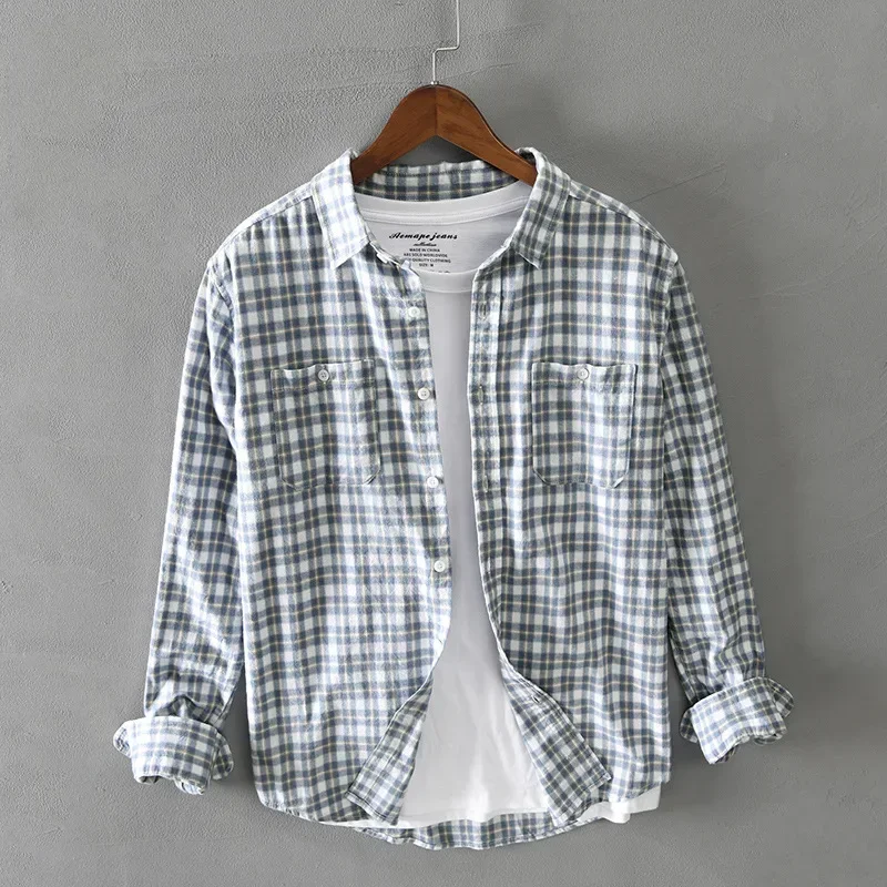 Vintage klasický pid Plaid Cotton s dlhým rukávom modrá košeľa Muž Mužský tenký štíhly gombík na košeľu oblečenie