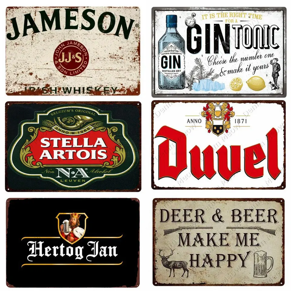 Vintage kovová plechová značka, Holandsko, Belgicko, značka piva, bar, dekoratívna plaketa klubu, značka jaskyne muža, írska whisky stena dekorácie