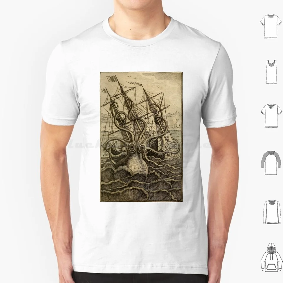 Vintage Kraken útočiaci na ilustráciu lode na pergamen t tričko 6xl bavlna cool tričko morské monštrum kracken gigant chobotnica chobotnica