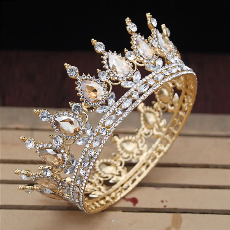 Vintage kráľovská kráľovná kráľ Kúlenky a koruny pre ženy Princezná Prom Svadobné diadžeky Full Round Diadem Svadobné vlasové doplnky