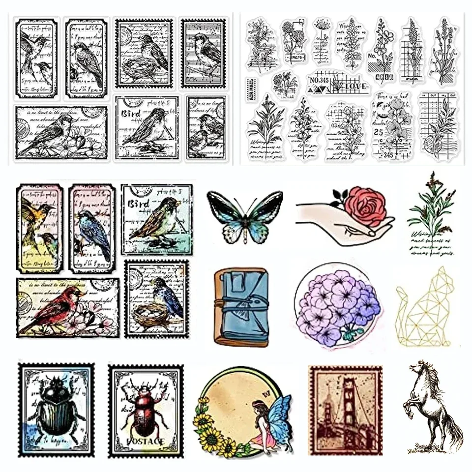 Vintage kvet a vták Text číry pečiatky pre scrapbook Emocionálny štýl cestovného štýlu Silikónové tesnenia pre dekoratívne karty DIY obálky