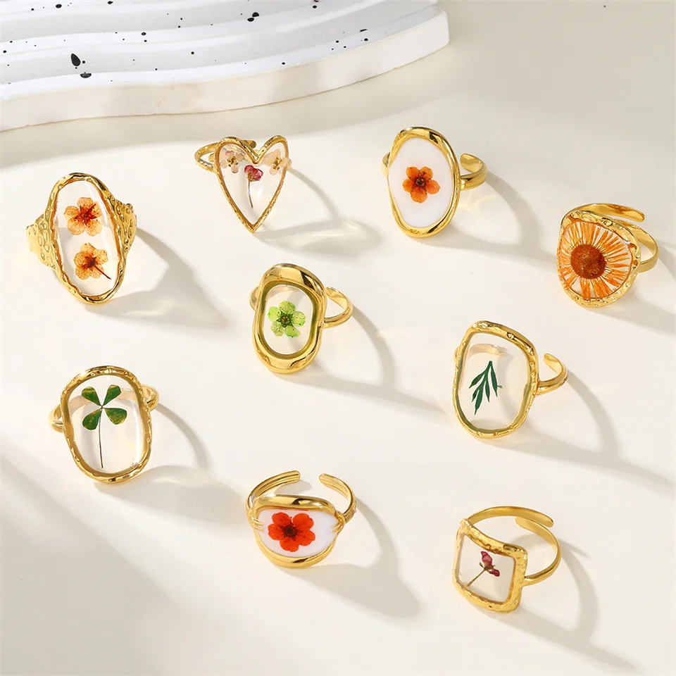 Vintage kvetinové krúžky pre ženy KPOP Nerezová oceľ Open Rings Simple Fashion Party Svadobné šperky Dievčatá darček