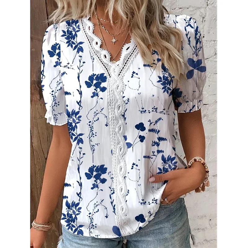 Vintage kvetinové tlačené príležitostné blúzky Ženy Summer s krátkym rukávom V-krk štíhle košele Topy Sexy čipky spoja košele vrcholy