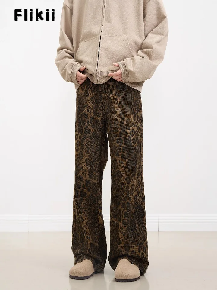 Vintage leopard tlač s vysokým pásom priame džínsy dámske dámske dámske nohavice 2000. storočia v baggy American Y2K Grunge High Street Denim nohavice