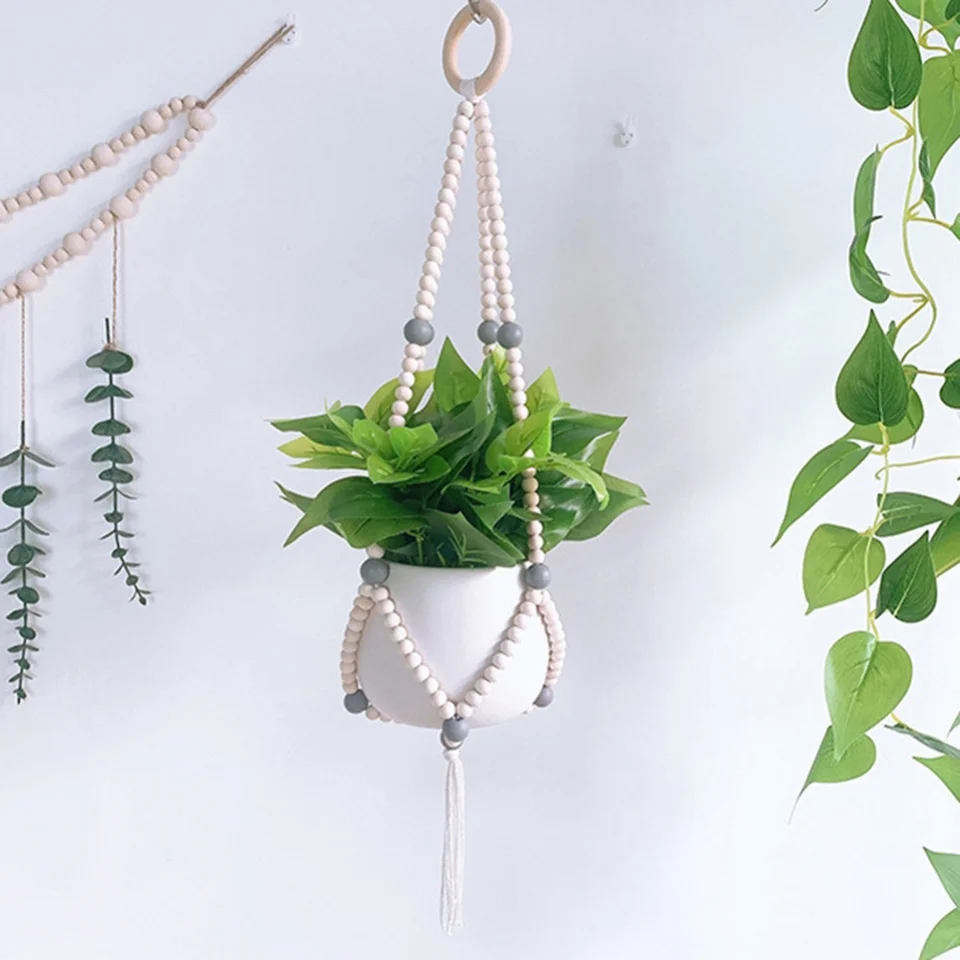 Vintage makrame zavesené koše ručne vyrábané drevené korálky Smata Flowerpot sieťová držiak vešiaca držiak na závesný držiak na kvetinový kôš držiak