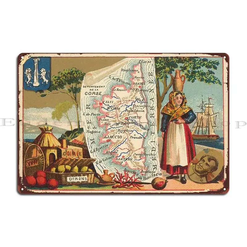 Vintage mapa Corsica France 1890 starý francúzsky stredomorský ostrov Atlas Bravuramedia Metal Sign Cinema Tlačené cínové znaky plagát