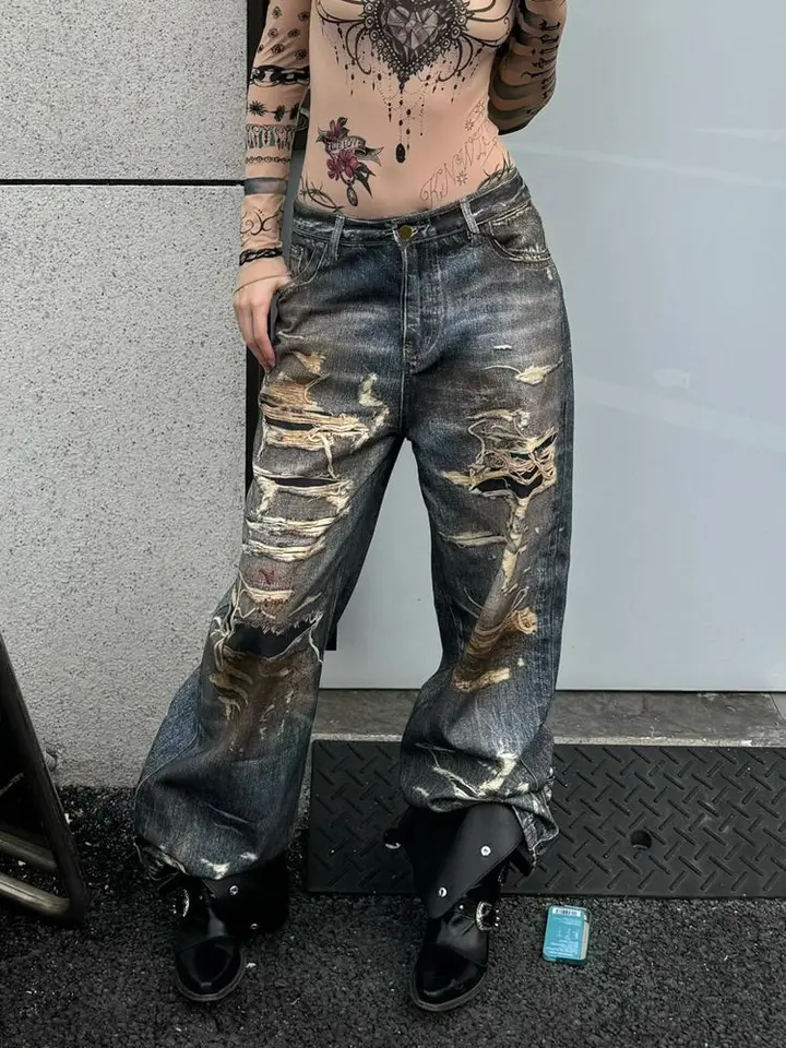 Vintage modrá gotická y2k nákladné džínsy Ženy Harajuku 2000. storočie roztrhané džínsové nohavice Streetwear Baggy Pants Emo Pantalones