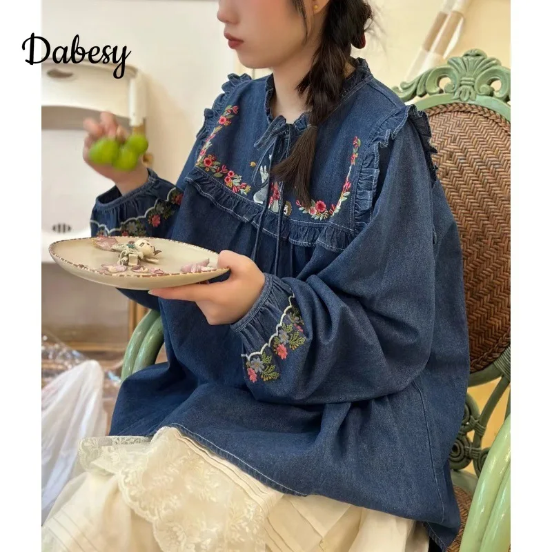 Vintage Mori Girl vyšíva modré džínsové košele jesenné japonské šnurovacie šnurovanie kawaii s dlhým rukávom Jean košele mori kei oblečenie