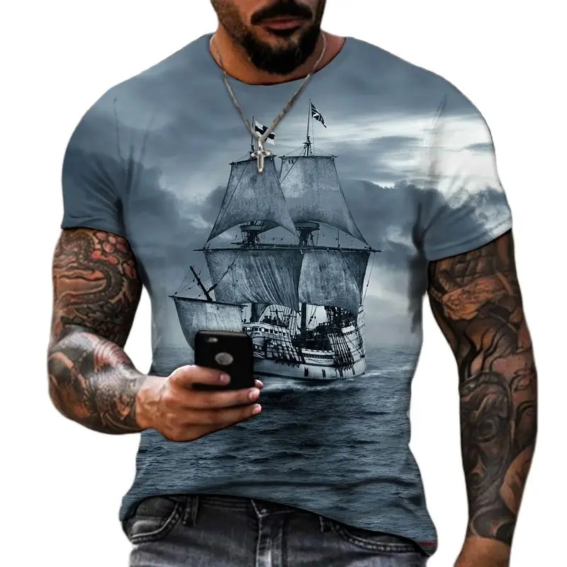 Vintage muži lodné tričká 3D tlačené pirátske lodné posádka Krk s krátkym rukávom tričko pre mužov nadmerné vrcholy tričko homme camiseta