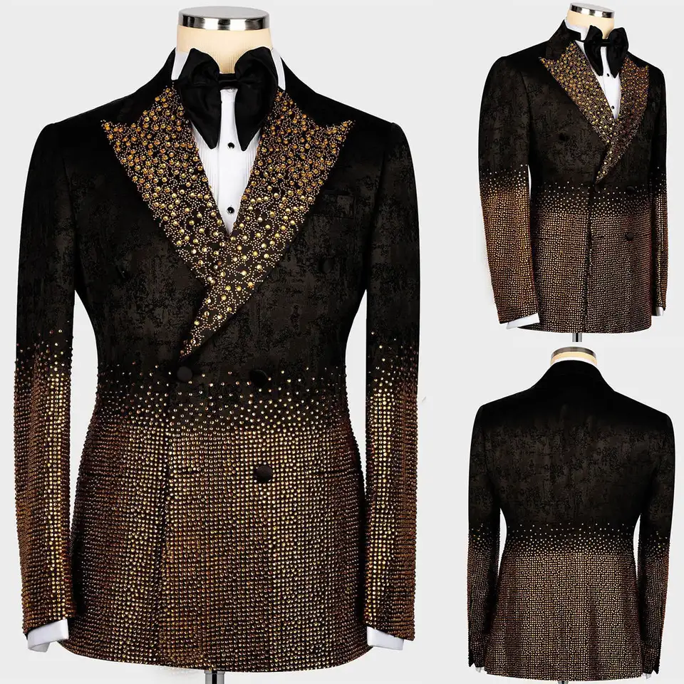 Vintage muži obleky s korálkami vrcholil klopný sako 2 kusy sada tuxedo kamienok s dvojitým dojčeným kabátom prispôsobené nohavice