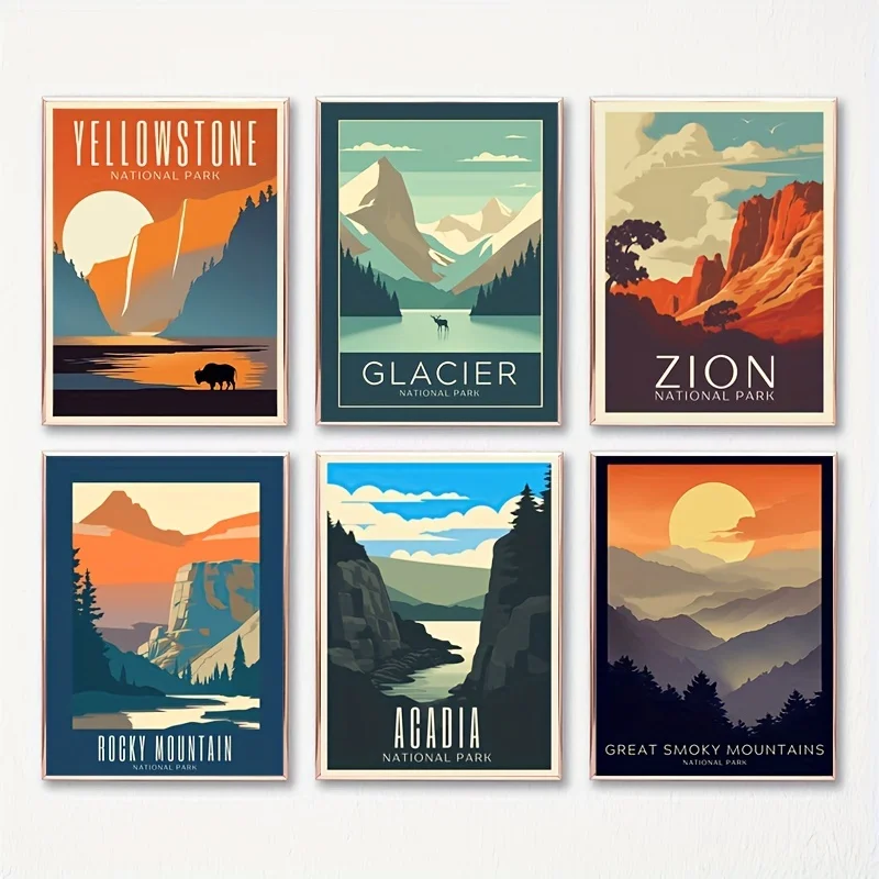 Vintage Národný park plagát, cestovné umenie Tlač žltého kameňa Rockies Canvas, Vintage nástenná maľba obývacia izba dekor, nedotknuté
