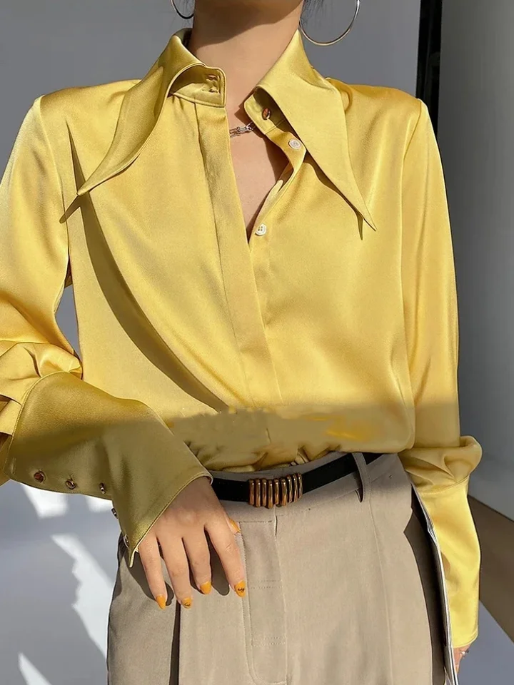 Vintage otáčajte golier saténové dámske košele Office Lady Elegantná blúzka s dlhým rukávom Lantern rukávy Tops