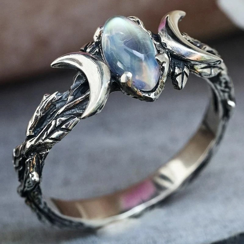 Vintage oválny mesačný kameň Ring Dvojité mesačné prstene pre ženy muž zink Zinc zliatiny Ring Party Darčeky Trendy Promise šperky