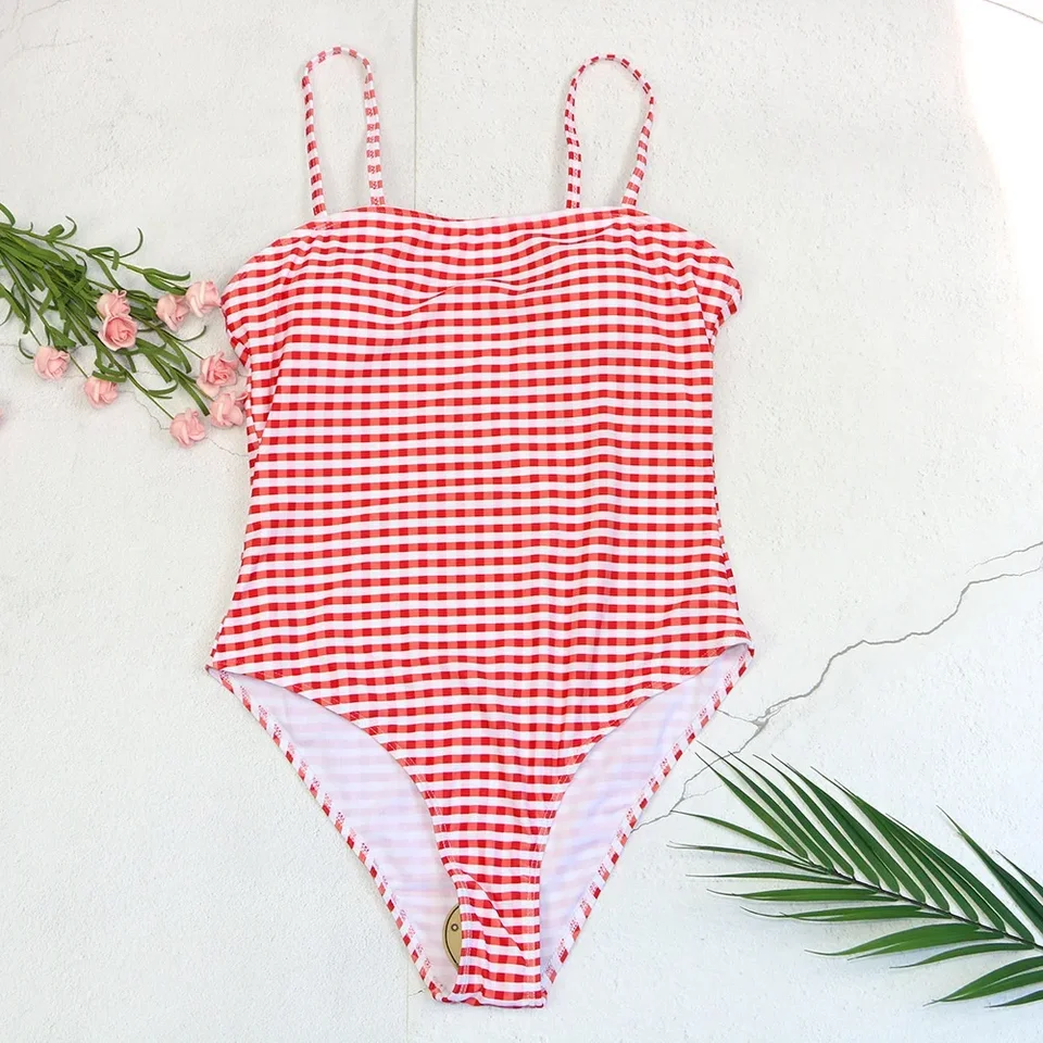 Vintage Plaid Bikini Sling Swimsuit jednodielne plavky Ženy Monokini Holiday Beach Outfit Bikinis Praunku