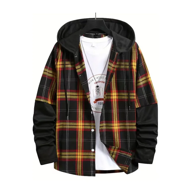 Vintage Plaid Graphic s kapucňou pre mužov Patchwork s dlhým rukávom voľné mikiny topy jar jesenné módne módne mikiny