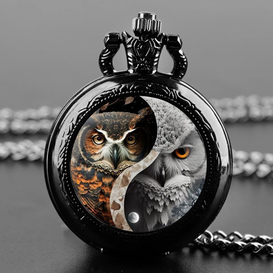 Vintage Pocket Watch Cool Ying a Yang Owl Black Quartz Pocket Watch hodinky FOB Hodiny Prívesok Náhrdelník Hodinky pre mužov Darček Darček