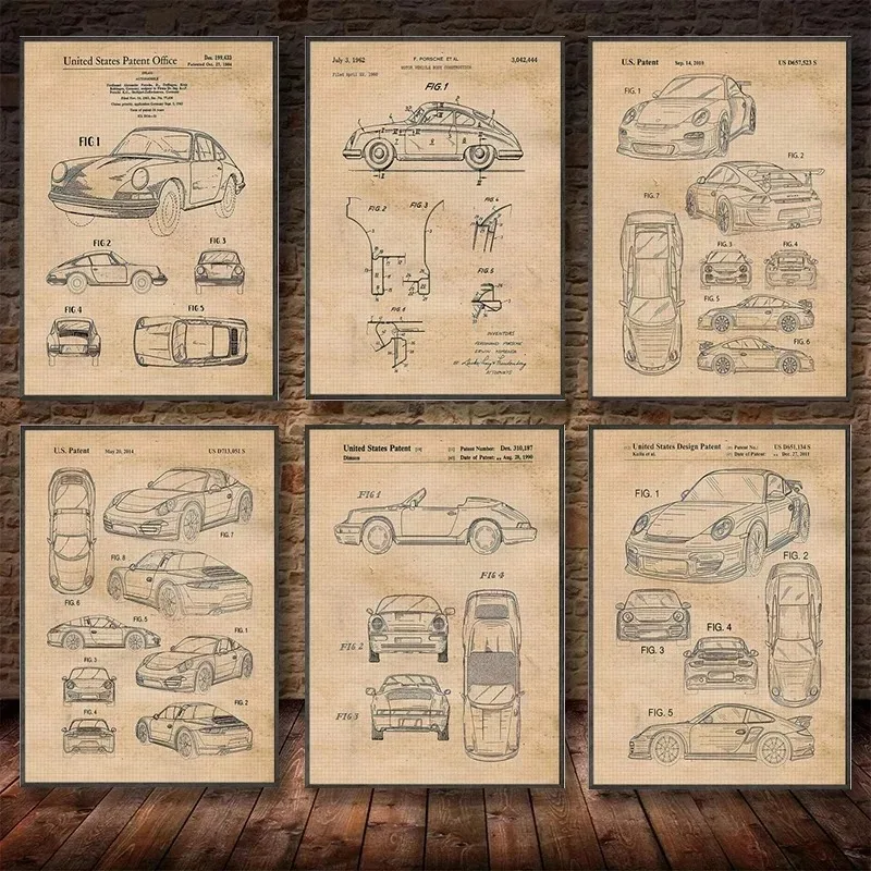Vintage Pors-che Convertible 1990 Patent Sports Car Wall Wall Plagát plagát maľba maľba nástenné dekorácie Living Home Art