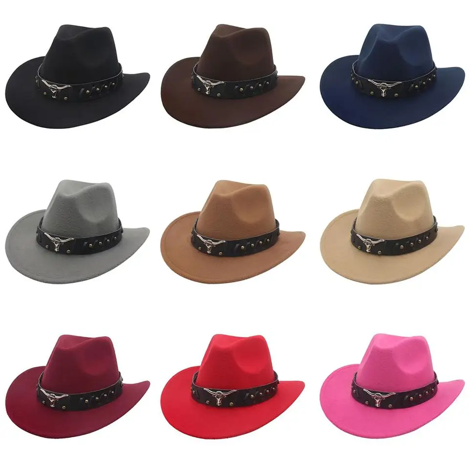 Vintage posiahnutý bullhead západný kovbojský klobúk etnický štýl široký okraj jazz fedora klobúky tibetský štýl Topový klobúk pre ženy mužov