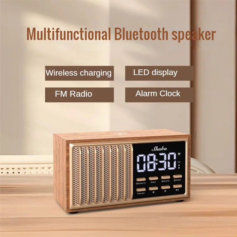 Vintage prenosný drevený FM Digital Radio Bluetooth Reproduktor s bezdrôtovým nabíjačkou Budsside Handsfree Handfree Call Hudobný prehrávač