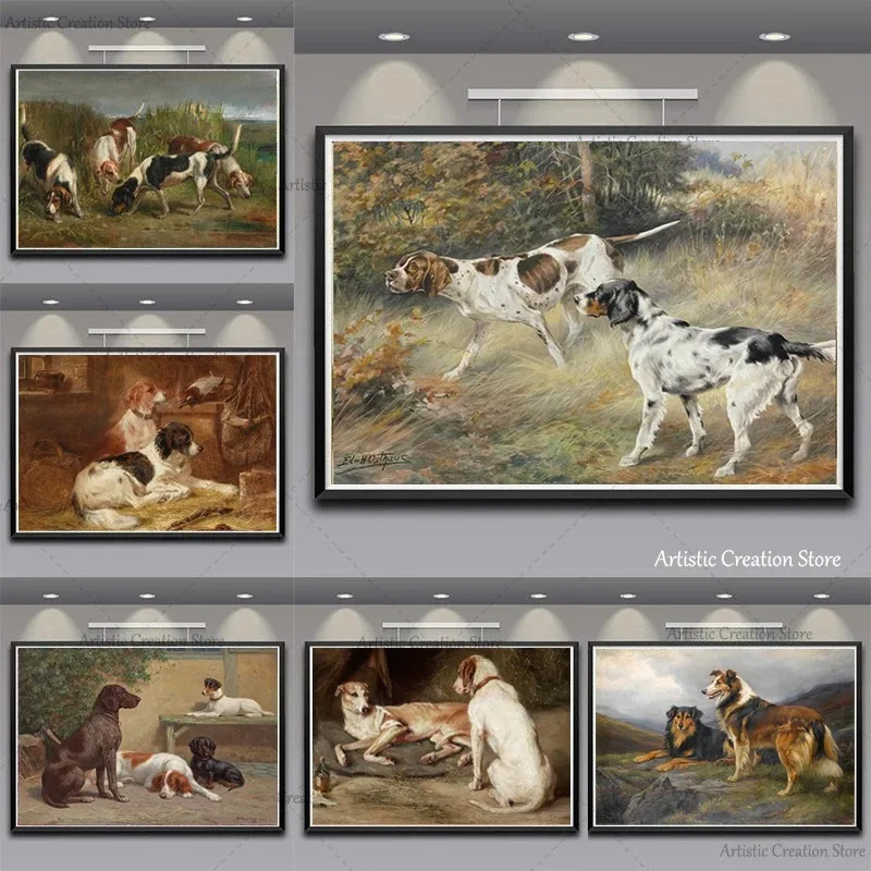 Vintage psov z 19. storočia Klasické psy Hunting Border Collie Canvas Painting Art Wall Picture Wall Picture Darček