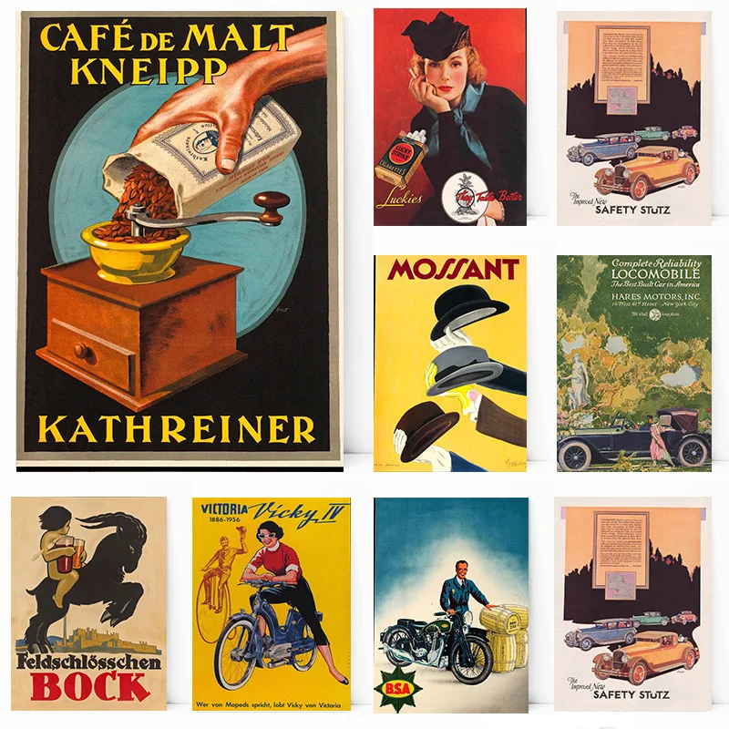 Vintage reklama fajčenie pitie automobil motocykla káva plagát tlač na stenu