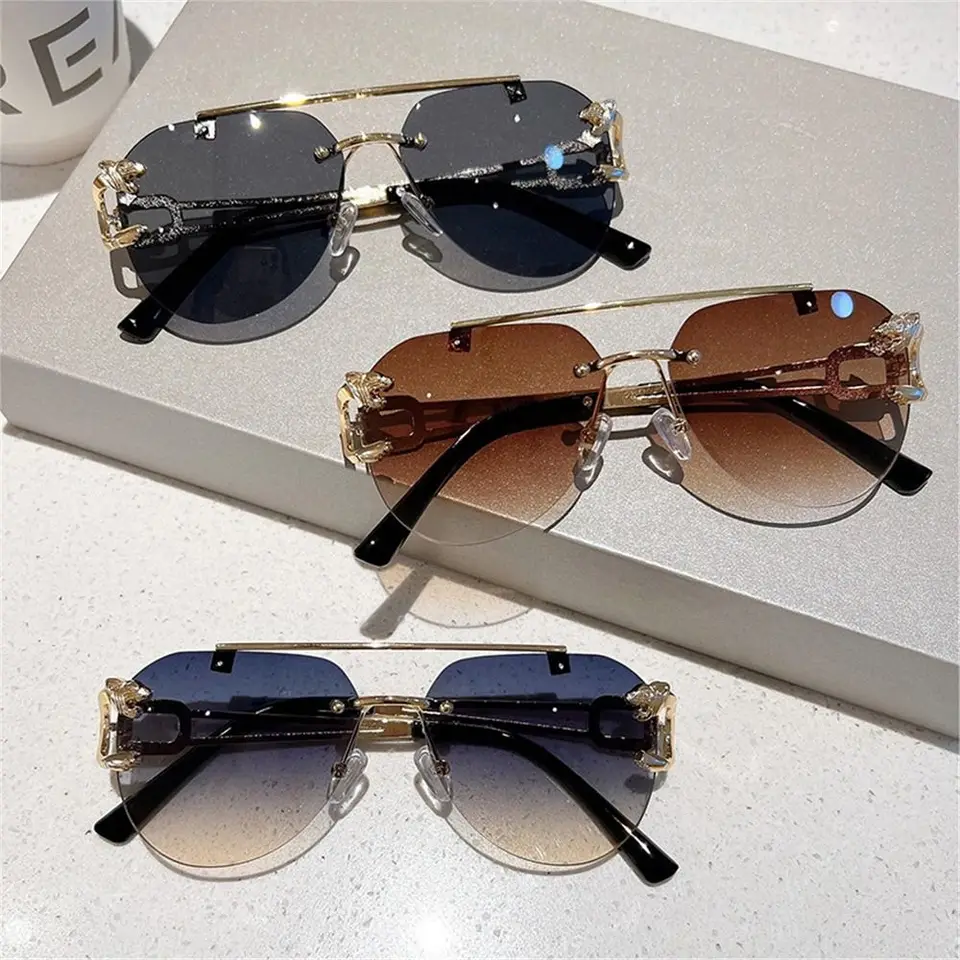 Vintage Rimless Gepard Decor Slnečné okuliare Gradient UV400 odtiene dvojité mostné slnečné okuliare pre ženy a muži