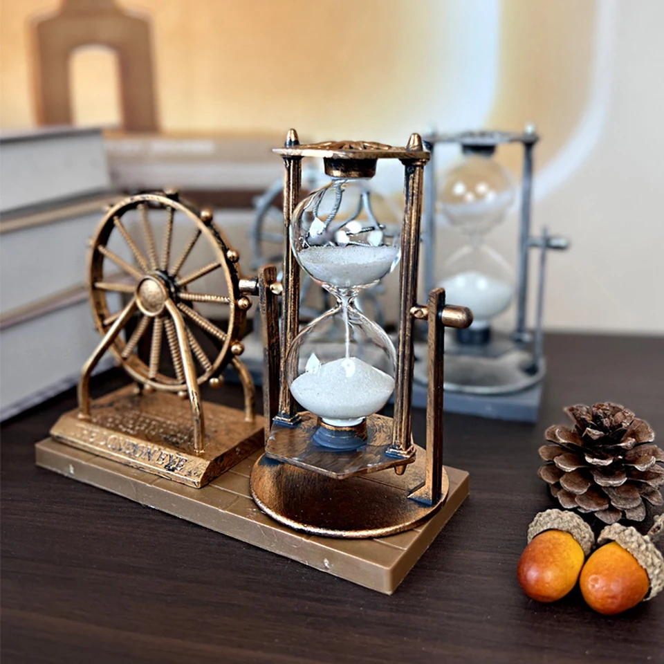 Vintage socha so sochou kolesového kolesa presýpacie hodiny piesočné hodiny retro stôl DEOCON DEOCOR pre obývaciu izbu DEOCON