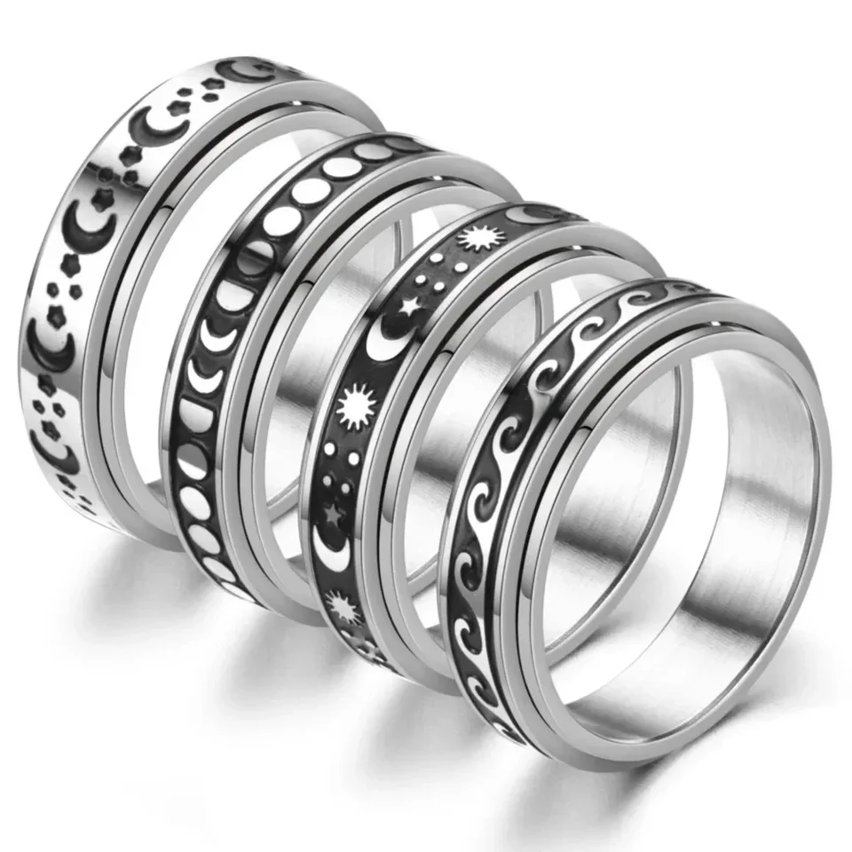 Vintage Spinner Rings for Women Men Men z nehrdzavejúcej ocele fidget pásmo Rings Flower Moon Star Ring Pre stres, ktorý zmierňuje svadobný sľub