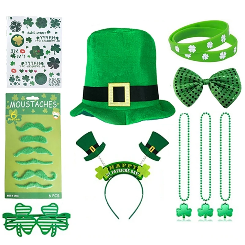 Vintage St Patricks Day plochý čiapka s okuliarmi Jemné náramky a korálky náhrdelník Festival Festival Party Dámske rekvizity M6CD