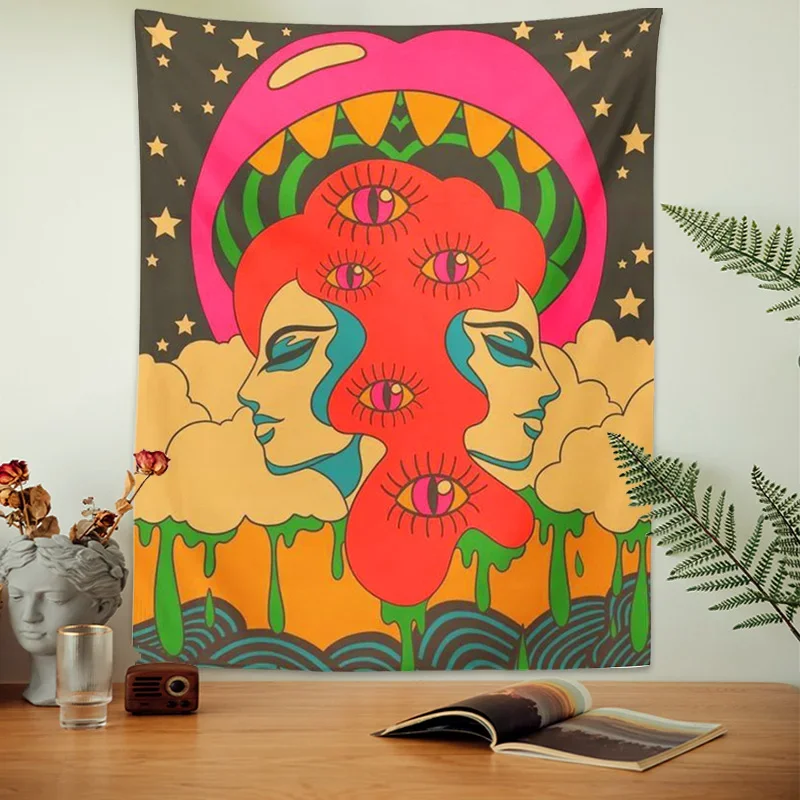 Vintage stena tapisérie žena hviezdne oči Walling Retro Psychedelilic Starry 70s 80s Slnko a mesiac vintage