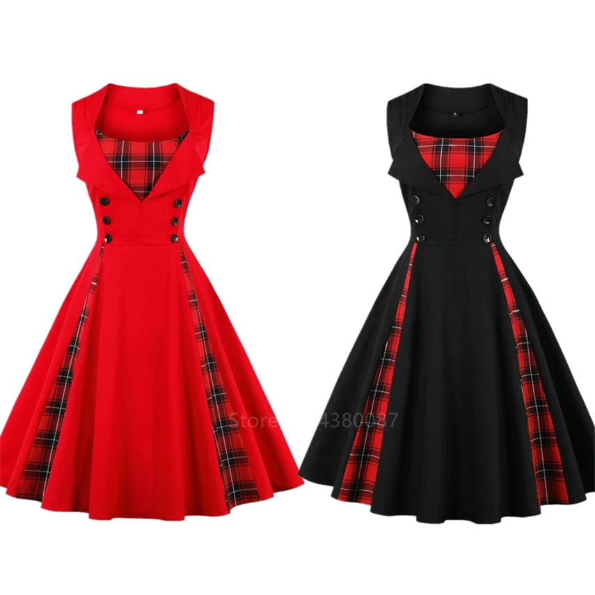 Vintage stredoveké kostýmy pre ženy Škótsko veľké tartan šaty Plaid Steampunk Renaissance bez rukávov Rockabilly odev