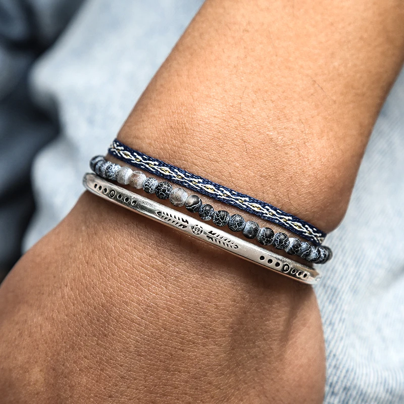 Vintage strieborná farba Pánsky náramok Set Natural Lava Stone Energy Práľby Ohnisko Tibetan Ručne vyrábané väzby Knot Lany Darčeky
